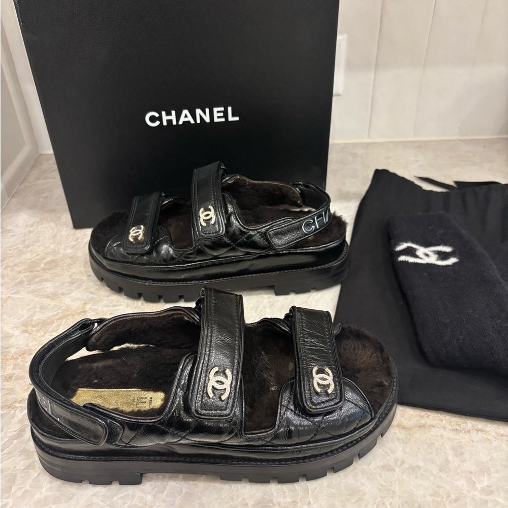CHANEL Black Leather Sandals with Logo